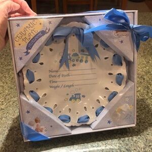 Ceramic Plate Heirloom for Baby Boy with threaded ribbon. Insert vitals and name